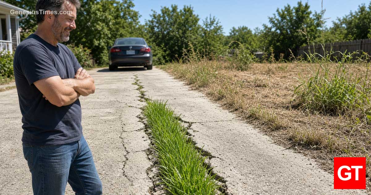 Local dad proud of the beautiful grass he grew out of a crack in the driveway